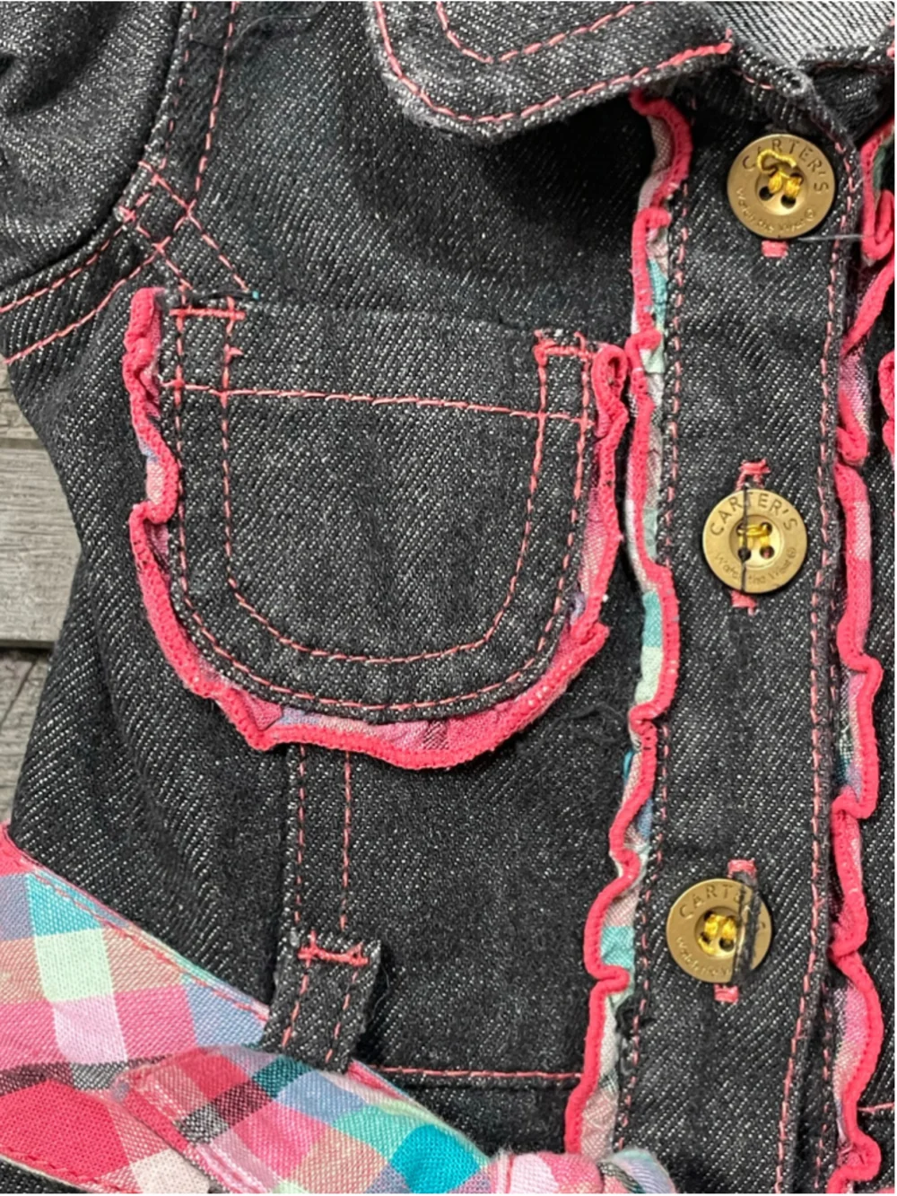 Carter's Watch The Wear Vintage 3-6m Girl Denim Dress Dark Wash Plaid Ruffle